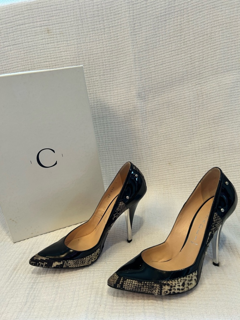 C Black Patent Pumps with Snake-Print Trim
